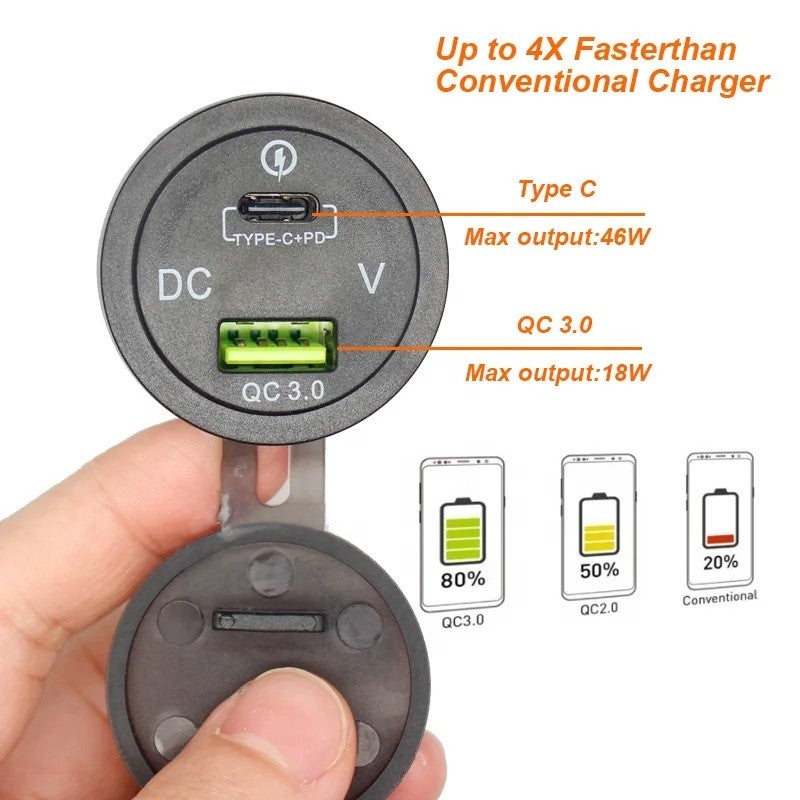 Bluejw PD Type C & USB Car Charger Socket - QC 3.0 Quick Charge 12V Waterproof Power Outlet Cigarette Lighter Adapter for RV Boat Automobile - Image 4